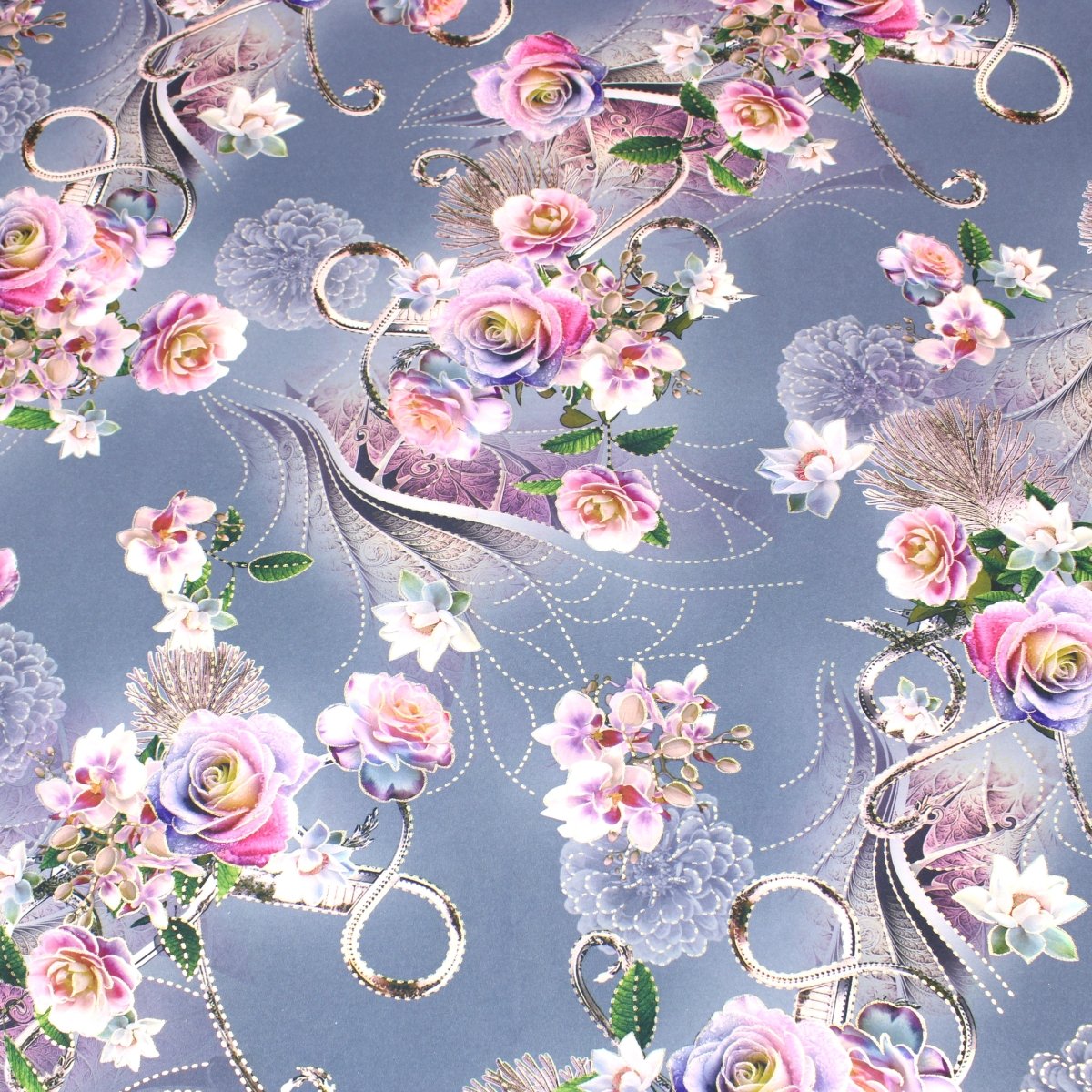 3 Metre Luxury Gold Foil Floral Sateen ‘Serenity Rose’ - 55" Wide Dusky Blue - Pound A Metre
