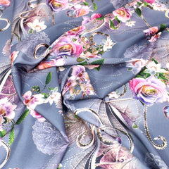 3 Metre Luxury Gold Foil Floral Sateen ‘Serenity Rose’ - 55" Wide Dusky Blue - Pound A Metre