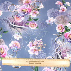 3 Metre Luxury Gold Foil Floral Sateen ‘Serenity Rose’ - 55" Wide Dusky Blue - Pound A Metre
