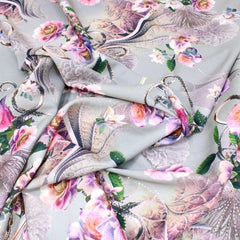 3 Metre Luxury Gold Foil Floral Sateen ‘Serenity Rose’ - 55" Wide Grey - Pound A Metre