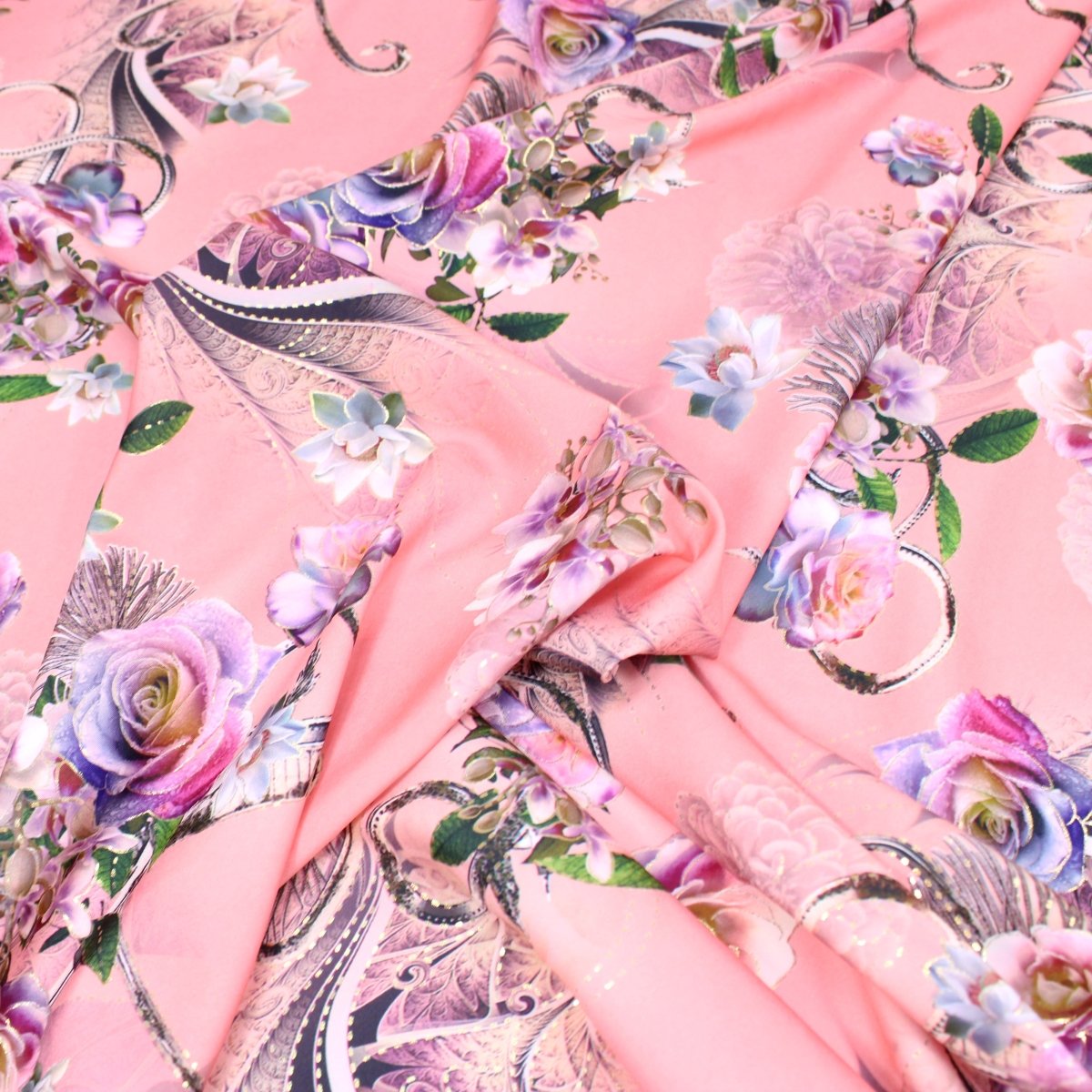 3 Metre Luxury Gold Foil Floral Sateen ‘Serenity Rose’ - 55" Wide Peach Pink - Pound A Metre