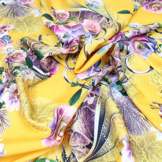 3 Metre Luxury Gold Foil Floral Sateen 'Serenity Rose’ - 55" Wide Yellow - Pound A Metre