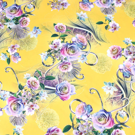 3 Metre Luxury Gold Foil Floral Sateen 'Serenity Rose’ - 55" Wide Yellow - Pound A Metre