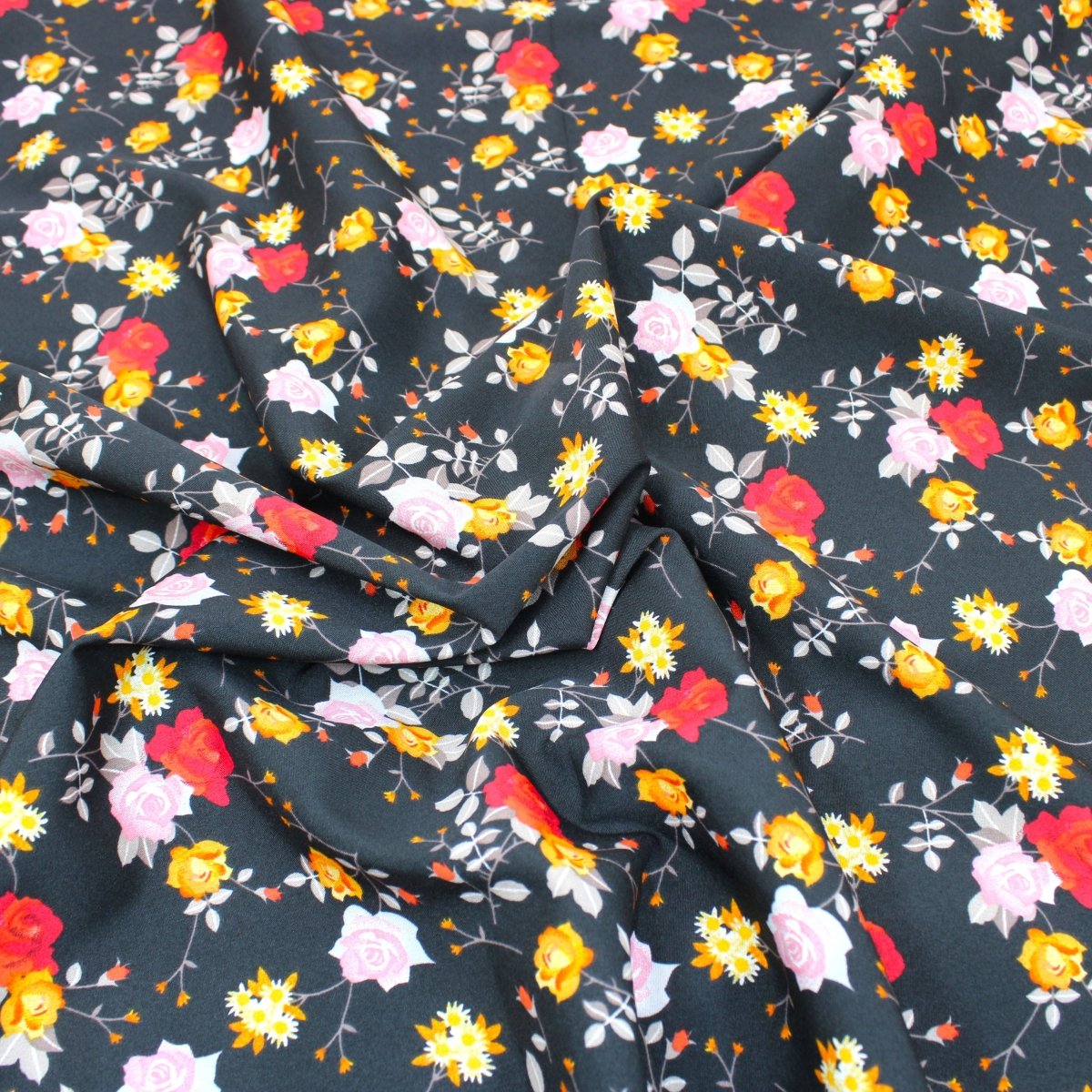 3 Metre Natural Drape Soft-Touch Floral American Crepe 55" Wide- Black - Pound A Metre