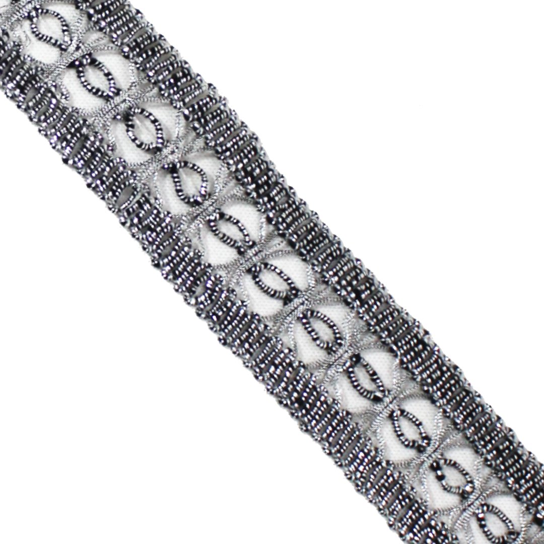 3 Metres Braided Lace Trimming- 33mm Wide (Black & Silver) - Pound A Metre