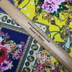 3 Metres Dressmaking Floral Cloque Jersey - 55" Wide Royal Blue & Yellow - Pound A Metre