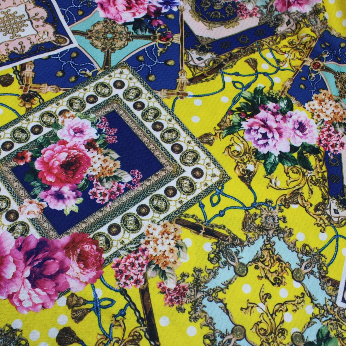 3 Metres Dressmaking Floral Cloque Jersey - 55" Wide Royal Blue & Yellow - Pound A Metre