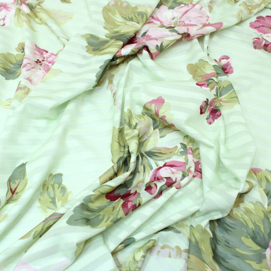 3 Metres Floral Burnout Striped Jersey 60" Wide - Pale Green - Pound A Metre