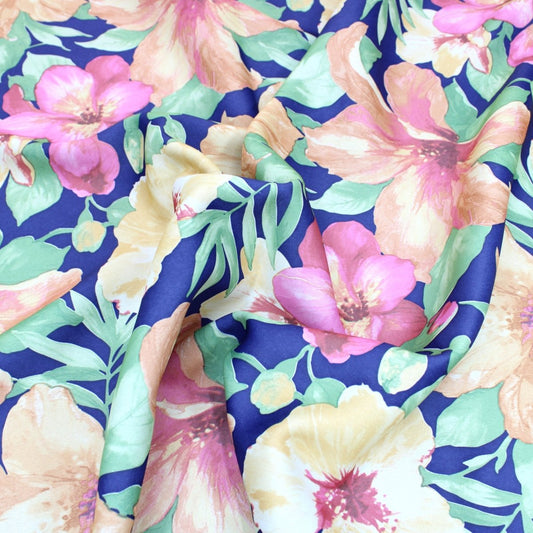 3 Metres Heavy Floral Satin 55" Wide Royal Blue Tropical - Pound A Metre
