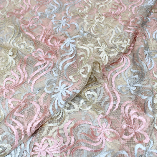 3 Metres Luxury Detailed Embroidered Lace Fabric - 55" Wide Pink & Gold - Pound A Metre