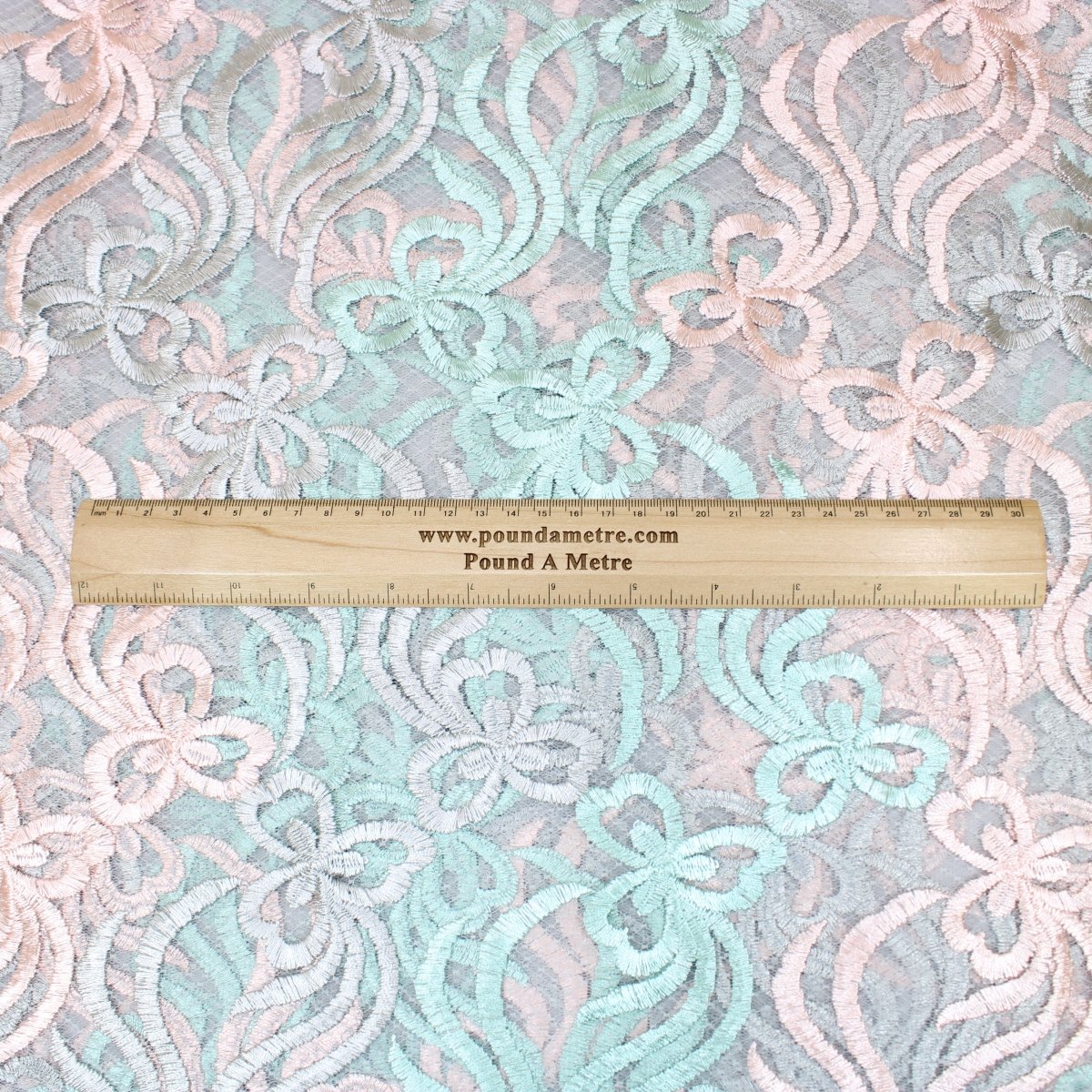 3 Metres Luxury Detailed Embroidered Lace Fabric - 55" Wide Pink & Mint - Pound A Metre