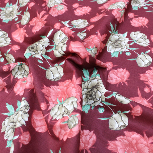 3 Metres Premium 100% Cotton 'Blossam Gold - Wild Rose - Deep Red' - Pound A Metre