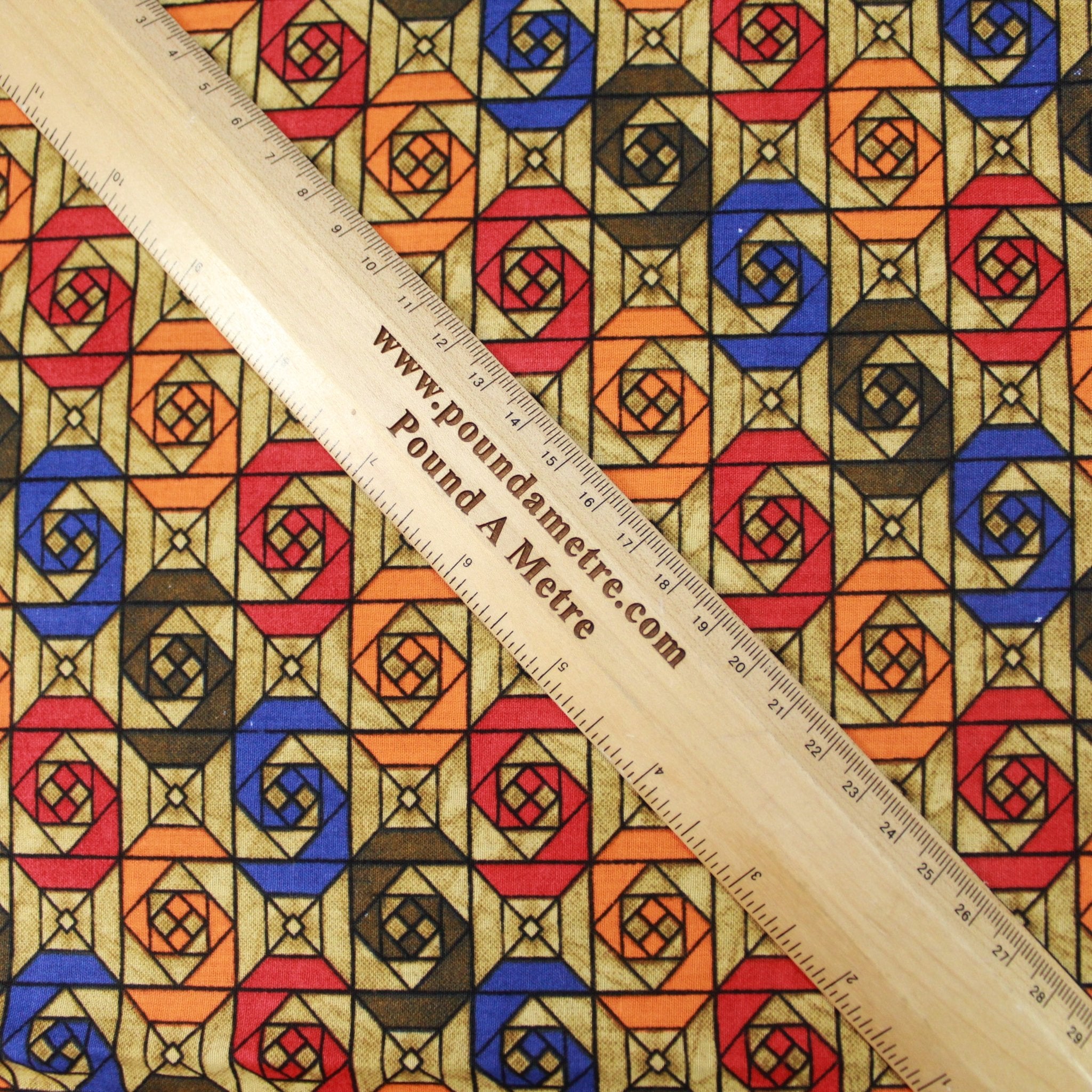 3 Metres Premium 100% Cotton 'Darpan Print - Funky Squares - Orange,Blue,Brown,Red' - Pound A Metre