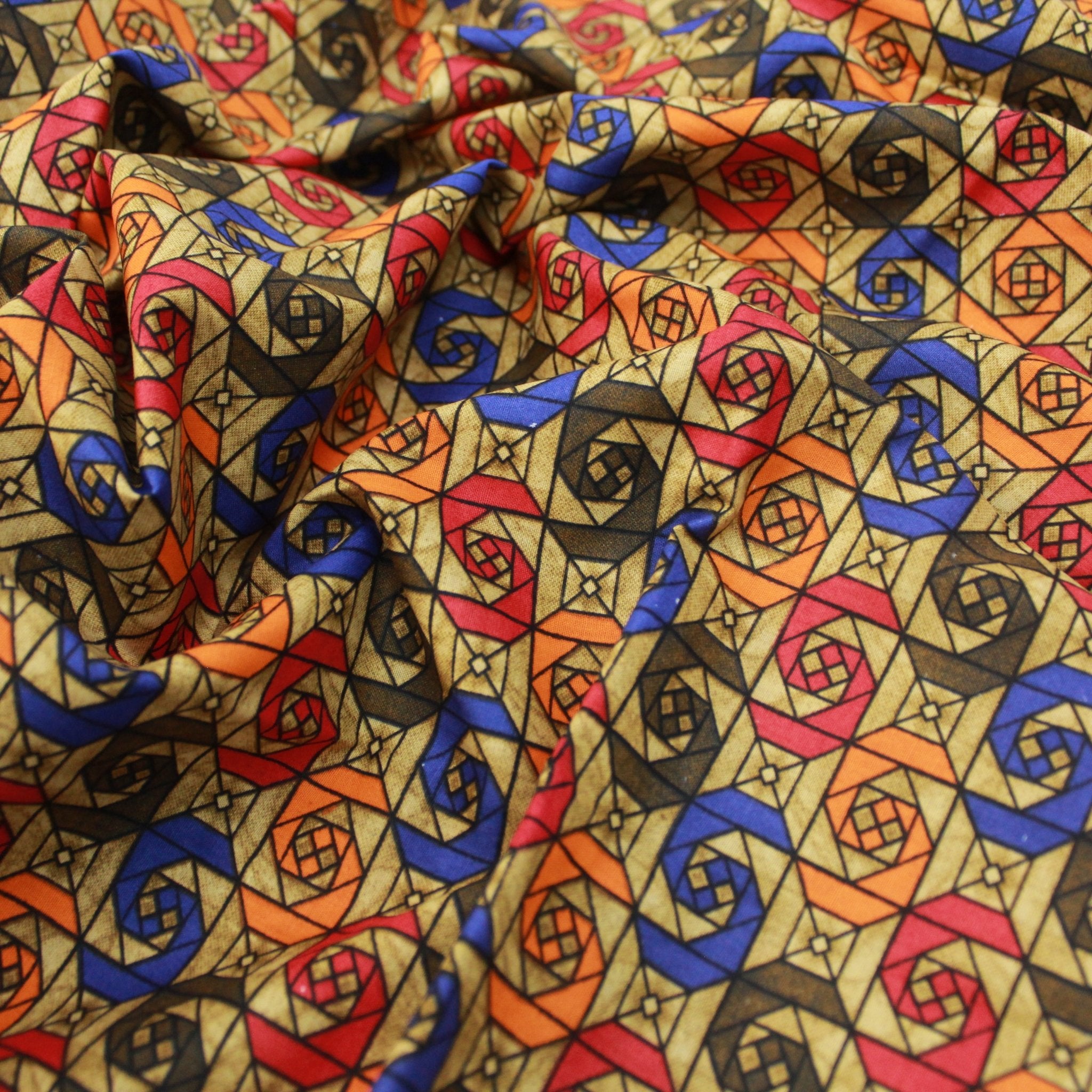 3 Metres Premium 100% Cotton 'Darpan Print - Funky Squares - Orange,Blue,Brown,Red' - Pound A Metre