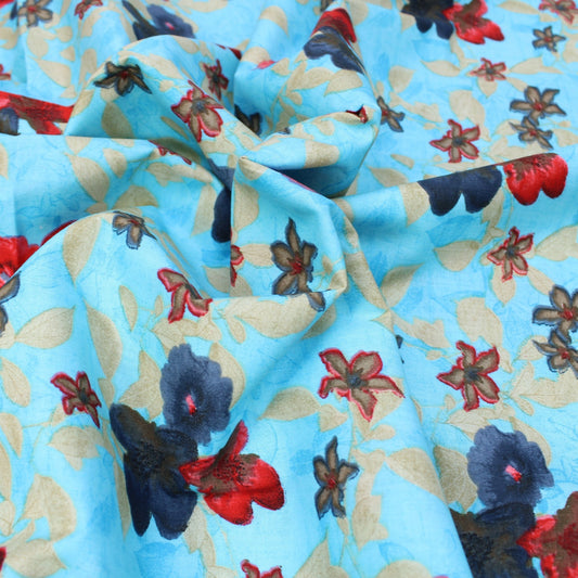 3 Metres Premium 100% Cotton 'Darpan Print - Summer Garden - Sky Blue' - Pound A Metre