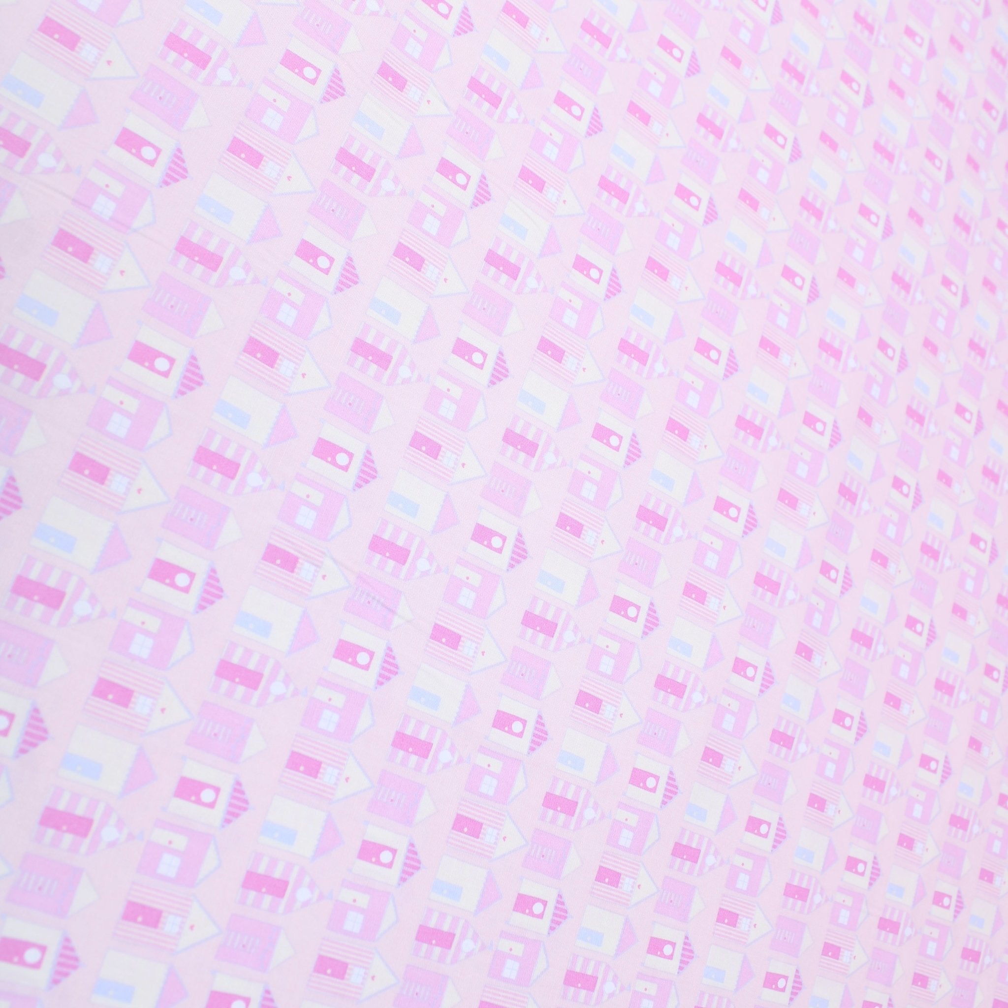 3 Metres Premium 100% Cotton Poplin - Mini Houses - 44" Wide Baby Pink - Pound A Metre