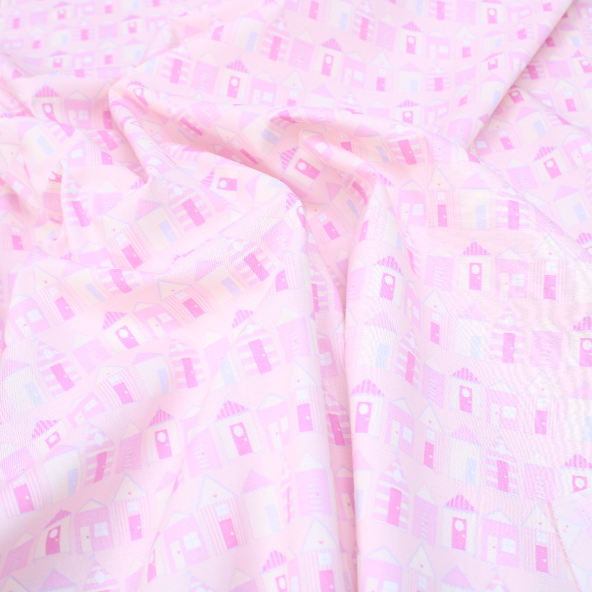 3 Metres Premium 100% Cotton Poplin - Mini Houses - 44" Wide Baby Pink - Pound A Metre