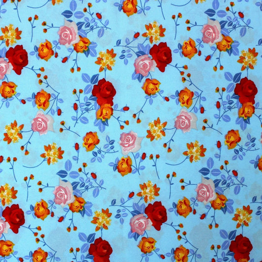 3 Metres Printed Dress Viscose- 55" Wide (Roses On Blue) - Pound A Metre