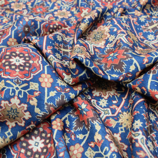 3 Metres Super Soft Printed Cashmere Effect Floral Fabric - 45" Wide Blue & Orange - Pound A Metre