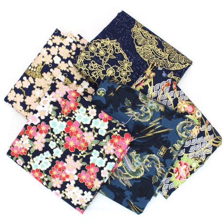 Pound A Metre 5 Fat Quarters 5 Piece Exclusive Oriental Gold Foil Fat Quarter 100% Cotton - Navy