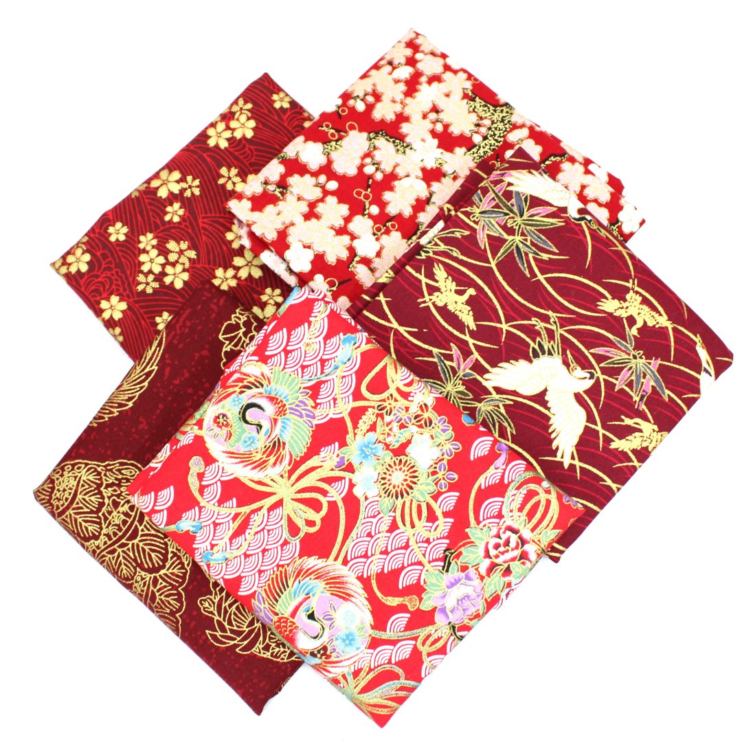 5 Piece Exclusive Oriental Gold Foil Fat Quarter 100% Cotton - Red - Pound A Metre