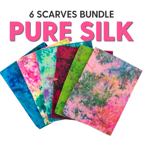 6 x 100% Pure Silk Scarves- Assorted Colours- Min Size- 85cm x 85cm - Pound A Metre