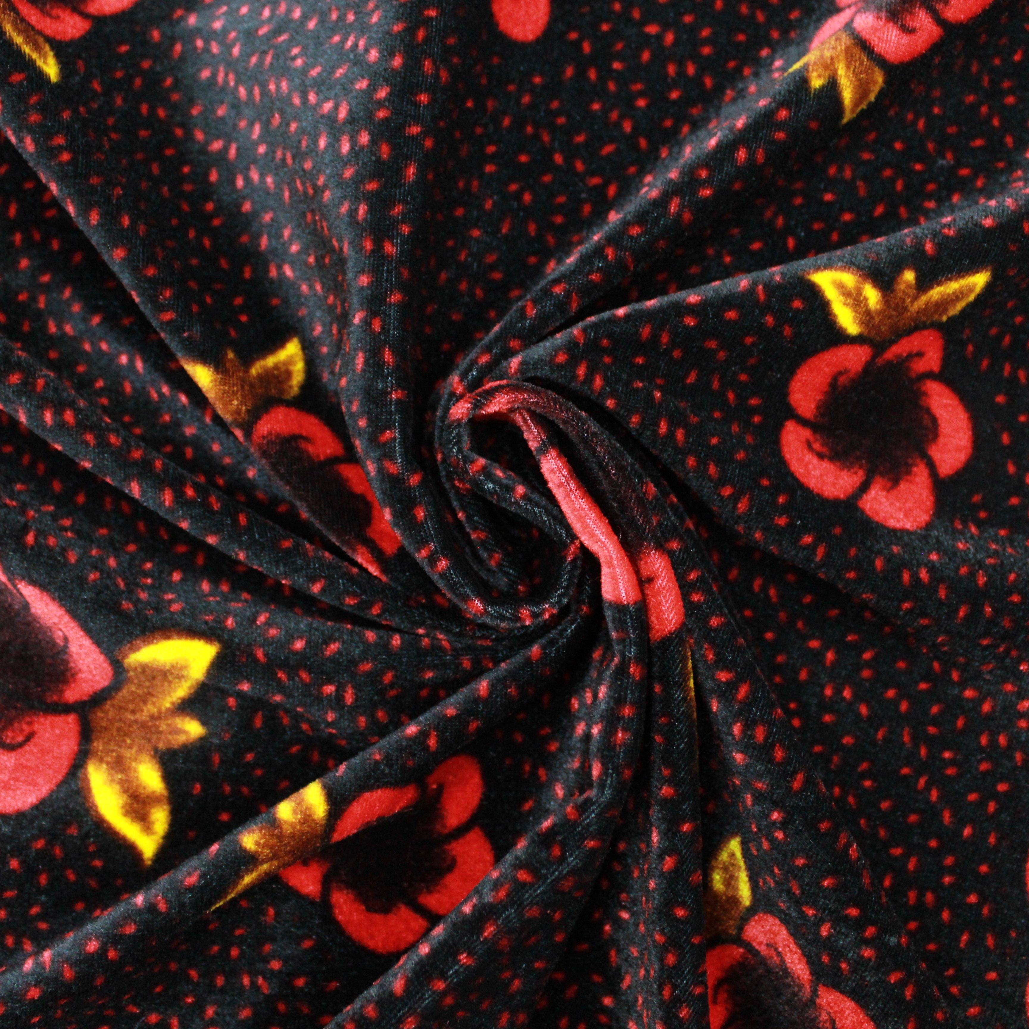 Super Soft Stretch Velvet - 'Night Garden' 60" Wide Red & Yellow - Pound A Metre