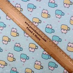 Premium Quality Soft Cotton Jersey 'Cat in Cup' 55" Wide Baby Blue
