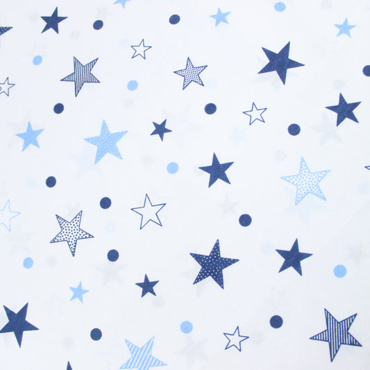 Premium Quality Super Wide Cotton Blend Sheeting "Blue Stars & Spots" 94" Wide White