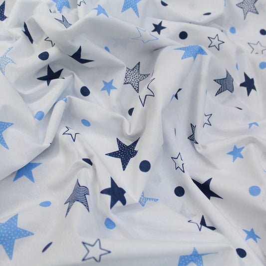 Premium Quality Super Wide Cotton Blend Sheeting "Blue Stars & Spots" 94" Wide White