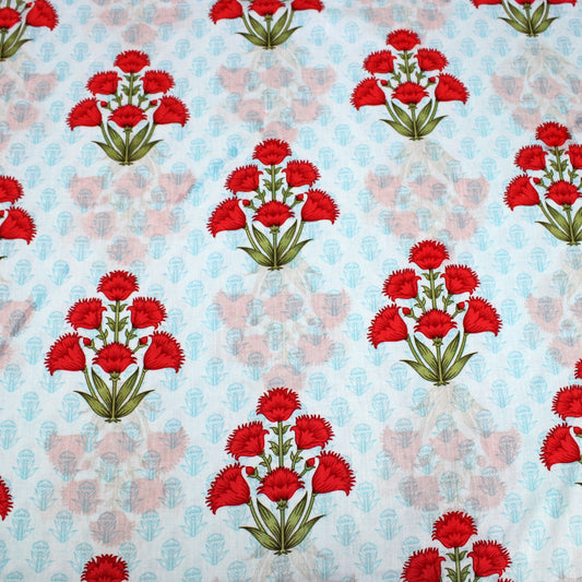 3 Metres Soft Floral 100% Summer Cotton Lawn - Flower Bouquet - 44" Wide Light Blue