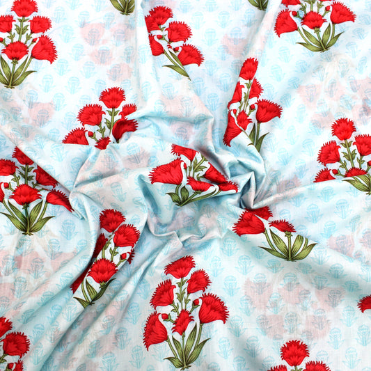 3 Metres Soft Floral 100% Summer Cotton Lawn - Flower Bouquet - 44" Wide Light Blue