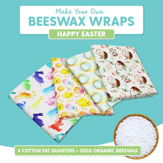DIY Beeswax Wrap Kit- 4 Cotton Fat Quarters + 200g Beeswax (Happy Easter) - Pound A Metre