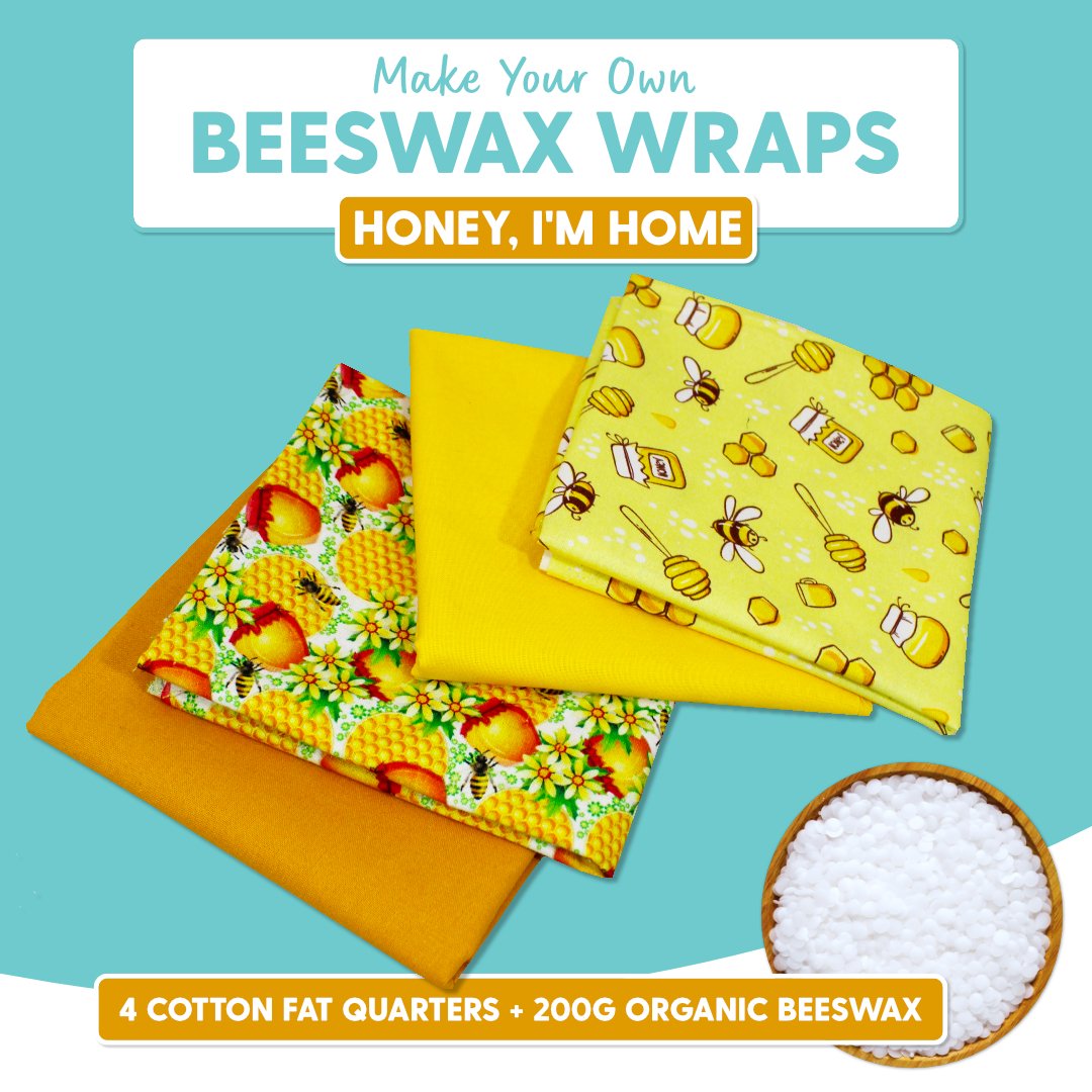 DIY Beeswax Wrap Kit- 4 Cotton Fat Quarters + 200g Beeswax (Honey, I'm Home) - Pound A Metre
