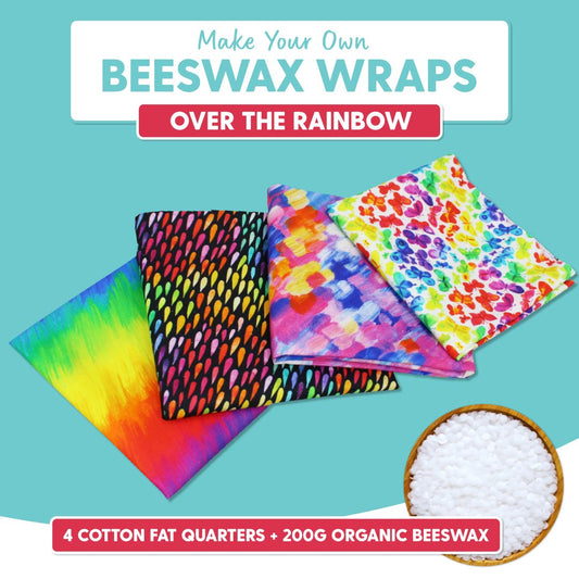DIY Beeswax Wrap Kit- 4 Cotton Fat Quarters + 200g Beeswax (Over The Rainbow) - Pound A Metre