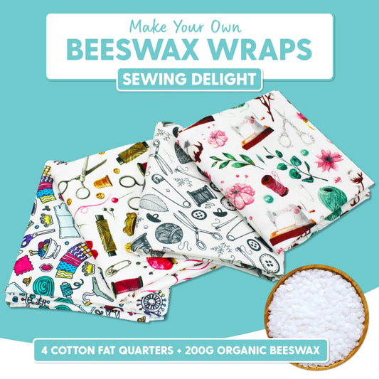 DIY Beeswax Wrap Kit- 4 Cotton Fat Quarters + 200g Beeswax (Sewing Delight) - Pound A Metre