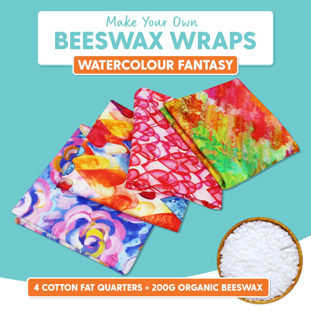 DIY Beeswax Wrap Kit- 4 Cotton Fat Quarters + 200g Beeswax (Watercolour Fantasy) - Pound A Metre