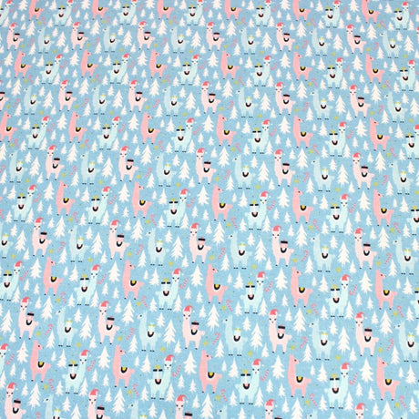 Pound A Metre Full Metre Festive Quilting Cotton 44" Wide Snow Llamas - Cadet Blue