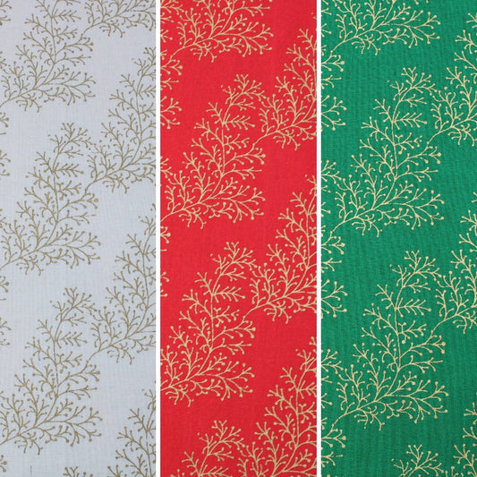 Gold Foil Premium 100% Quilting Cotton "Festive Branches" - 3 Colours - Pound A Metre