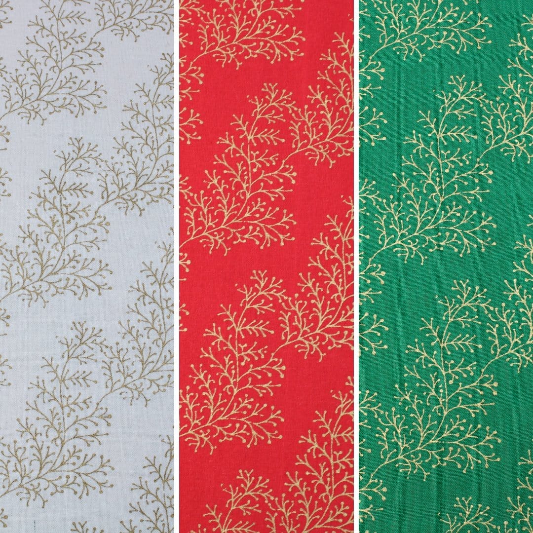 Pound A Metre Gold Foil Premium 100% Quilting Cotton "Festive Branches" - 3 Colours
