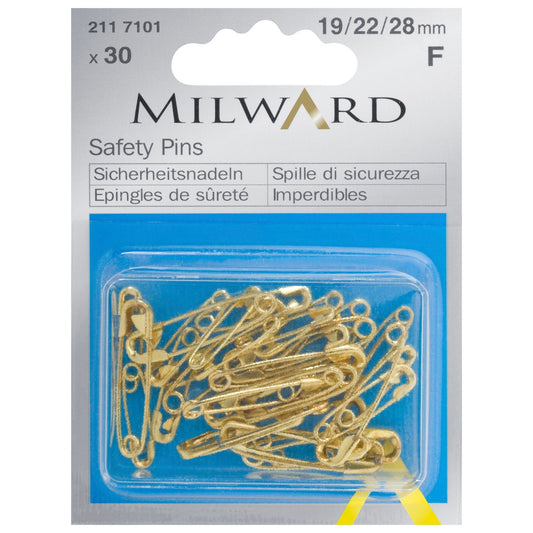 Milward Safety Pins: Gold: 19, 22, 28mm: 30 Pieces - Pound A Metre