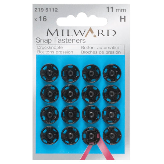 Milward Snap Fasteners: Black: 11mm: 16 Pieces - Pound A Metre