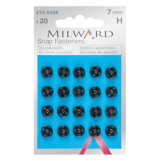 Milward Snap Fasteners: Black: 7mm: 20 Pieces - Pound A Metre