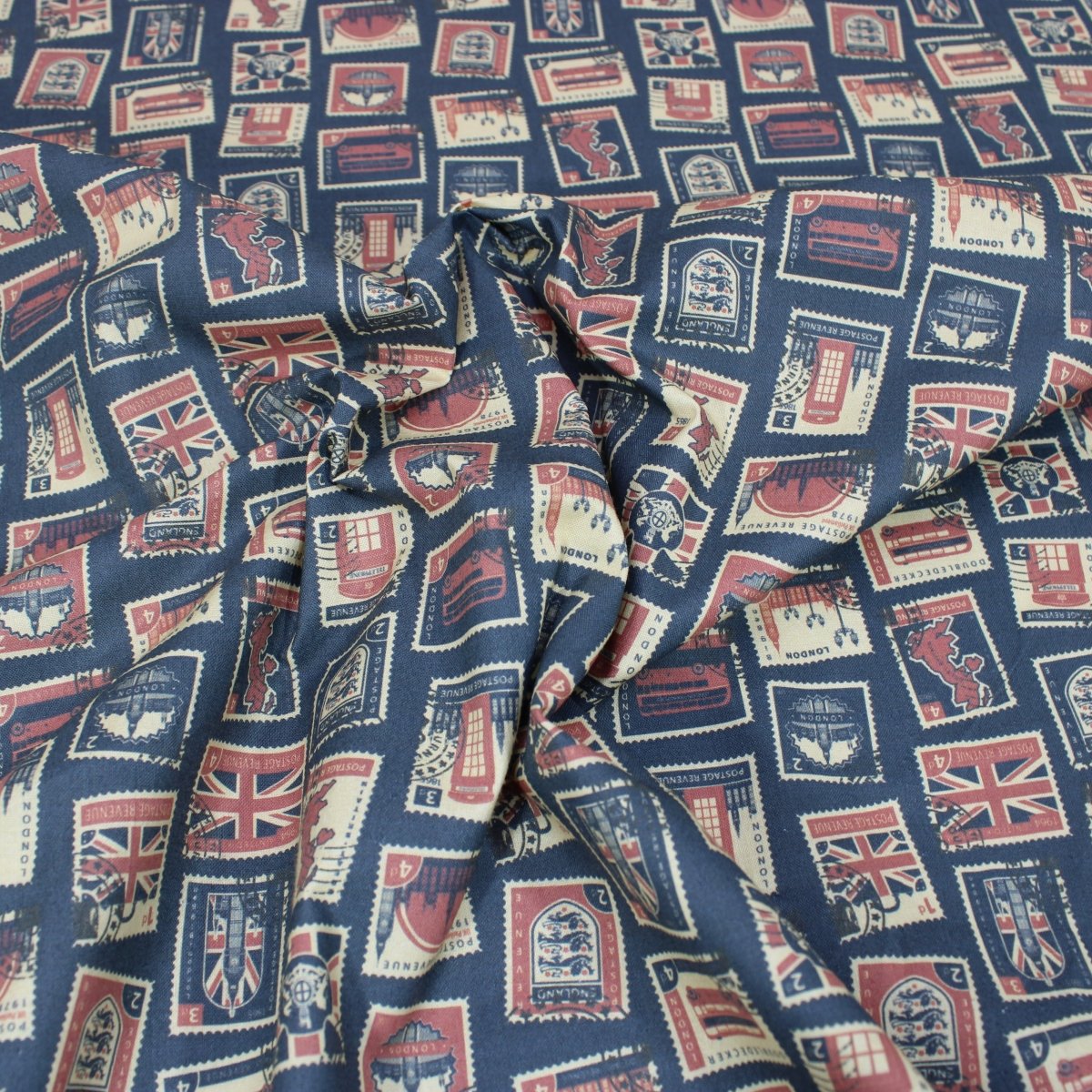 Per Metre 100% Digital London Stamps Quilting Cotton 45" Wide Navy - Pound A Metre