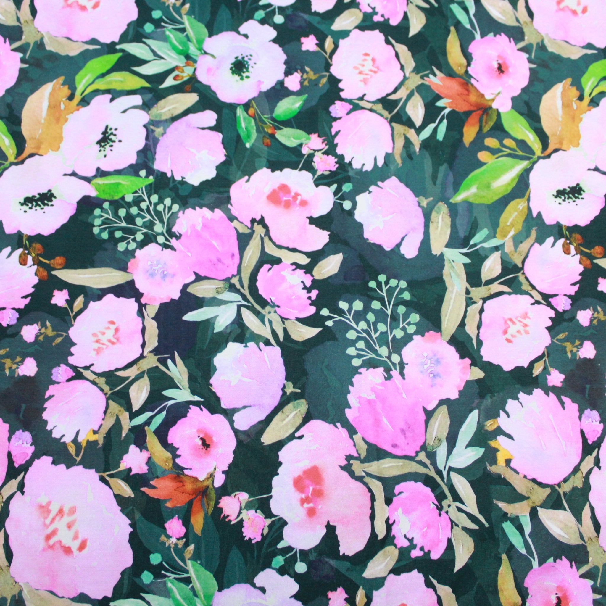 Premium Dressmaking 100% Cotton Floral Sateen - Bold Flower - 45" Wide Green & Bright Pink - Pound A Metre