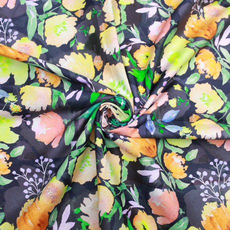 Pound A Metre 1 Metre Premium Dressmaking 100% Cotton Floral Sateen - Bold Flower - 45" Wide Purple & Bright Oranges