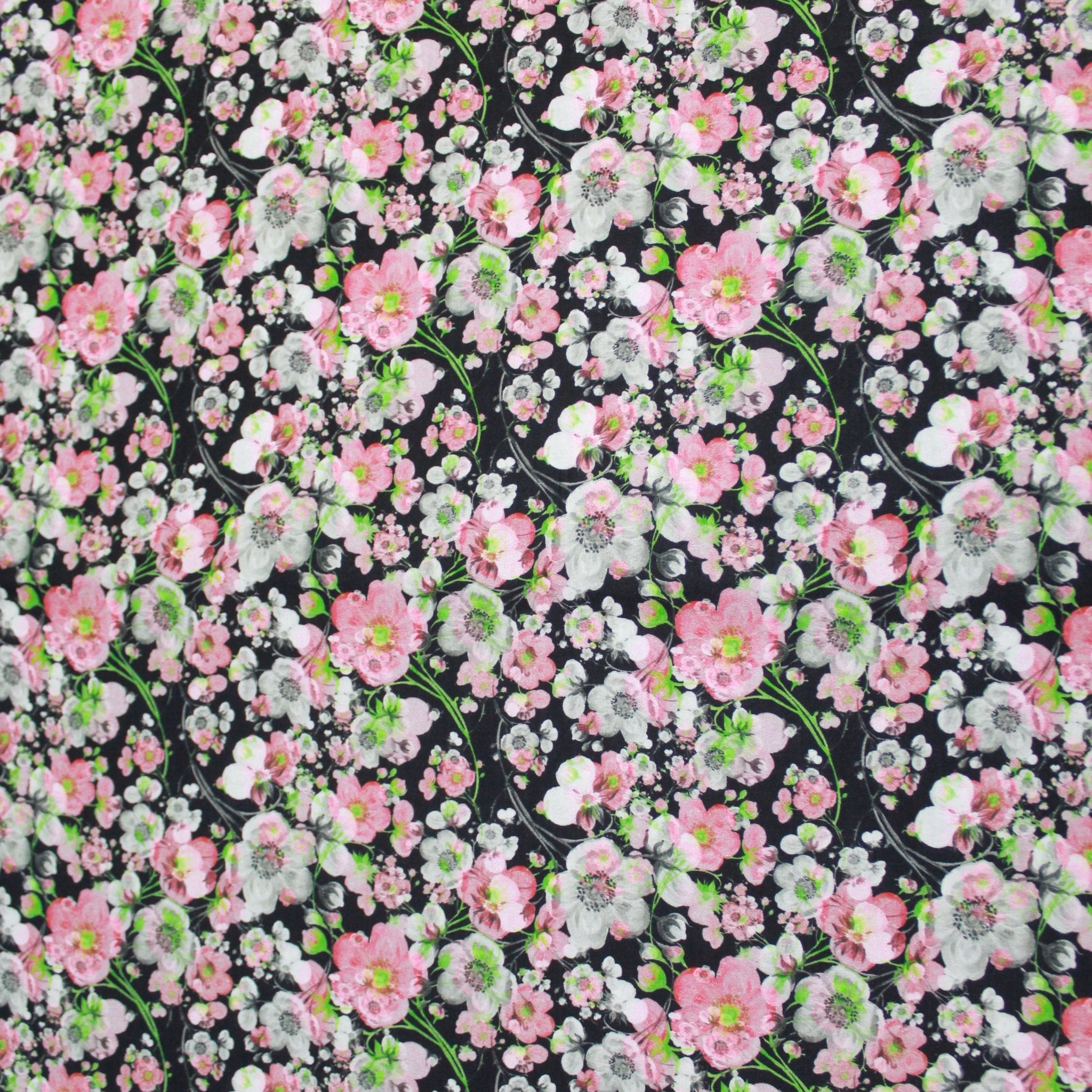 Premium Dressmaking 100% Cotton Floral Sateen - Floral Explosion - 45" Wide Pink & Black - Pound A Metre