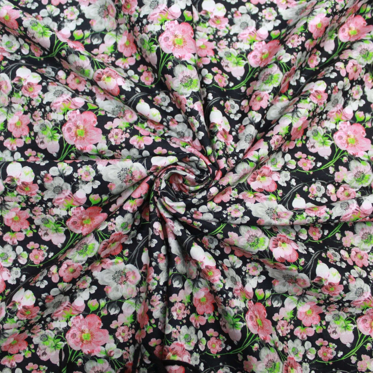 Pound A Metre 1 Metre Premium Dressmaking 100% Cotton Floral Sateen - Floral Explosion - 45" Wide Pink & Black