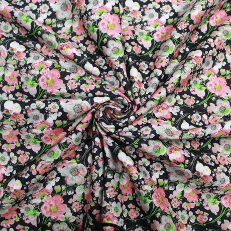 Pound A Metre 1 Metre Premium Dressmaking 100% Cotton Floral Sateen - Floral Explosion - 45" Wide Pink & Black