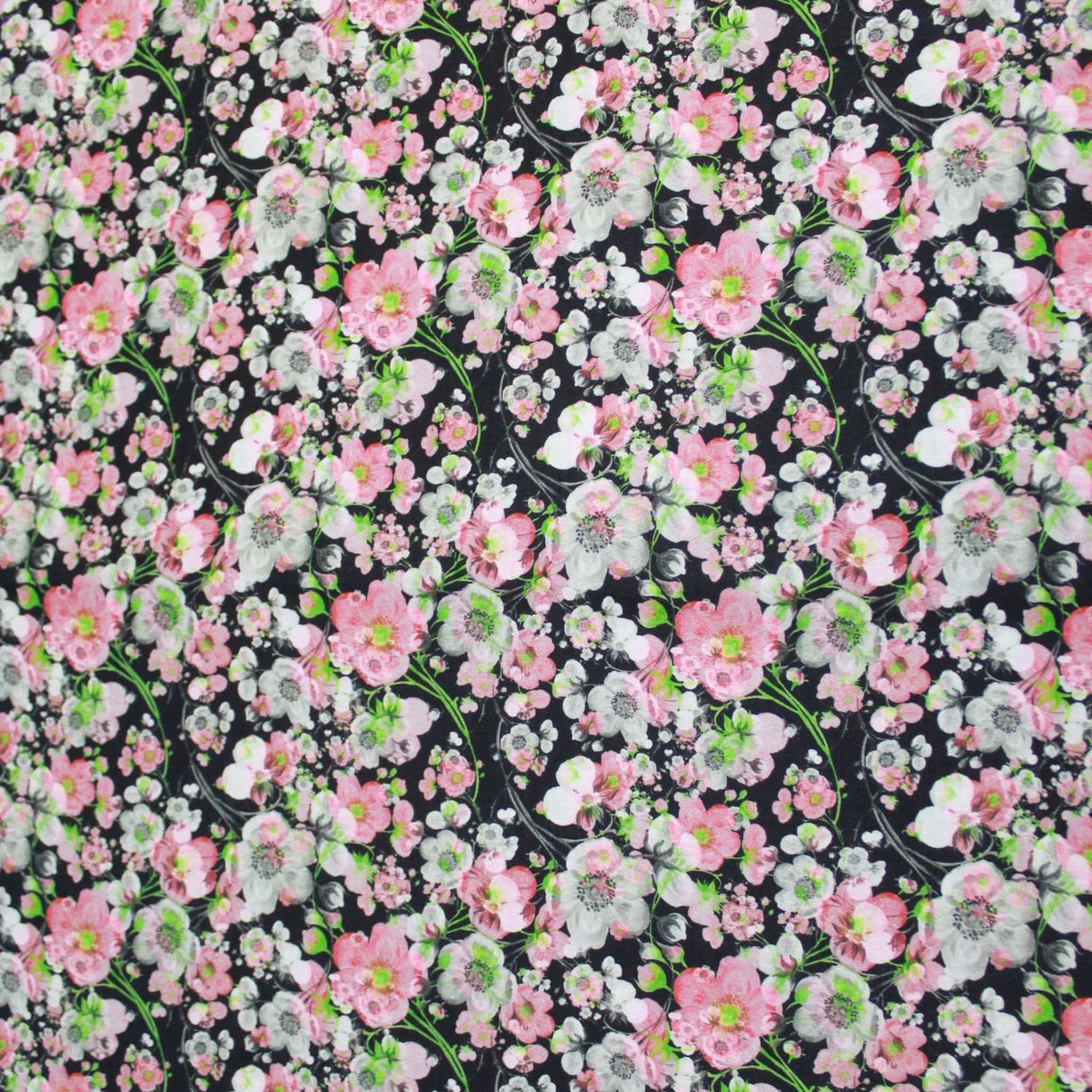Pound A Metre 1 Metre Premium Dressmaking 100% Cotton Floral Sateen - Floral Explosion - 45" Wide Pink & Black